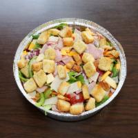 Chef Salad · Romaine lettuce, strips of American and Swiss cheeses, green peppers, onions, tomatoes, ham,...