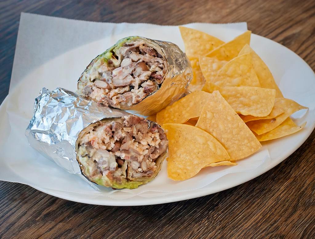Super Burrito · Choice of meat, beans, rice, cheese, guacamole, sour cream and salsa. 