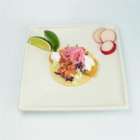 Fried Fish Taco · Corn tortillas, red and green cabbage, sour cream and fresh salsa. 