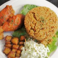 Jollof Rice · Rice slow cooked in tomato sauce with seasoning. Served with coleslaw, plantains and your ch...