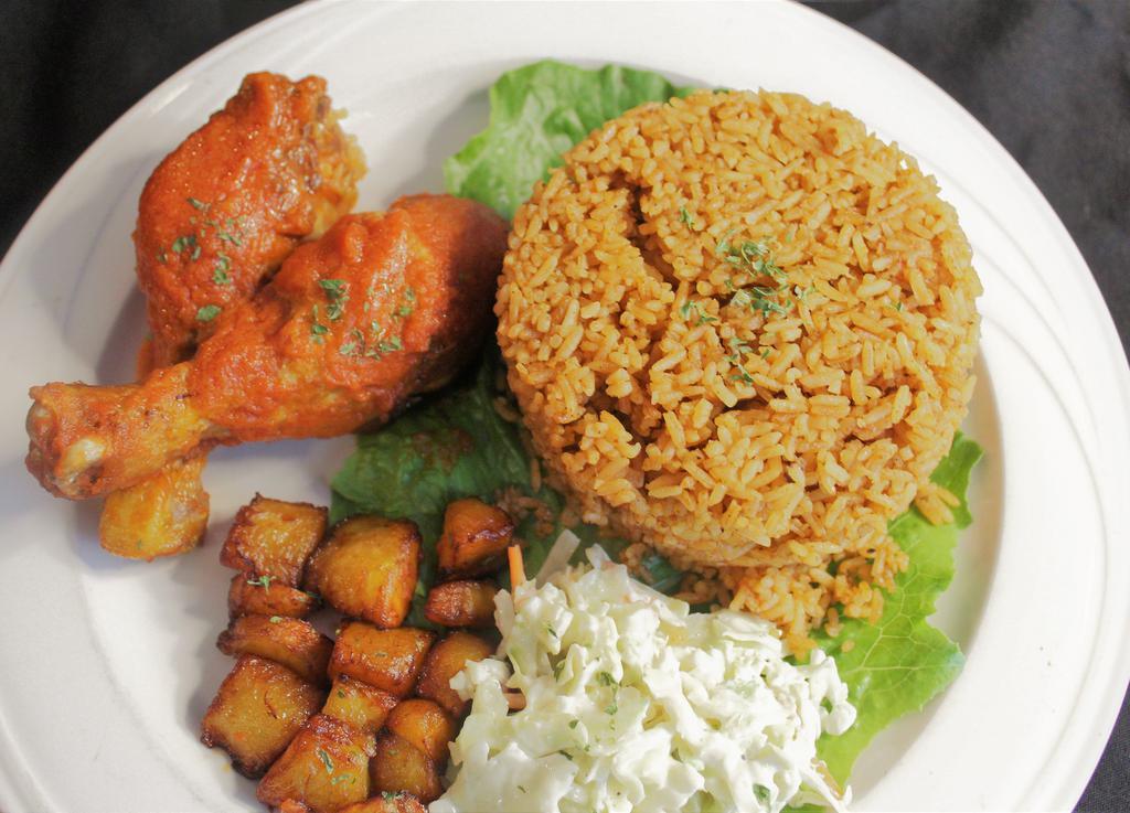 Jollof Rice · Rice slow cooked in tomato sauce with seasoning. Served with coleslaw, plantains and your choice of chicken, beef or fish.