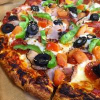 Otto Rainbow Pizza · Mozzarella, pepperoni, ham, green pepper, black olive, tomato and seasoning.