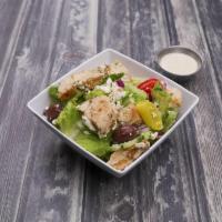 Chicken Kabob Salad · Greek salad with grilled marinated chicken.