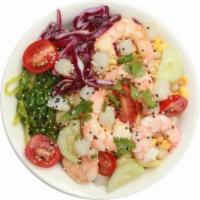 S5. Seafood Harvest Signature Poke Bowl · Shrimp, scallop, cucumber, sweet corn, cherry tomato, shrimp sauce, sweet chili sauce, seawe...