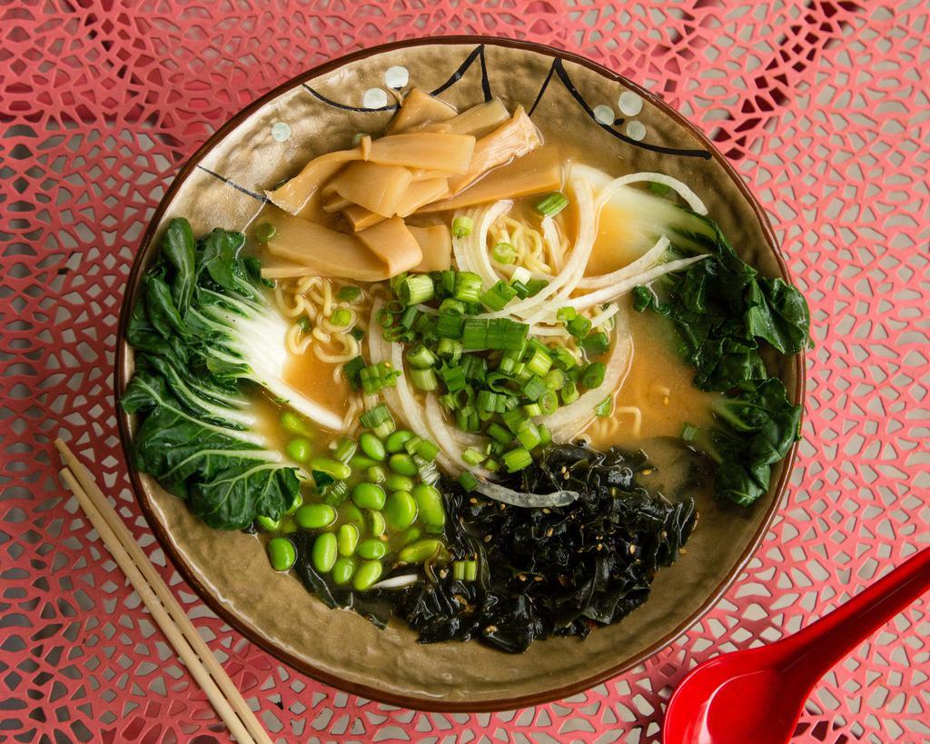 Vegetarian Ramen · Vegetarian miso broth, baby bok choy and bamboo shoots. Steamed broccoli, edamame, seaweed with fresh noodles and green onions.