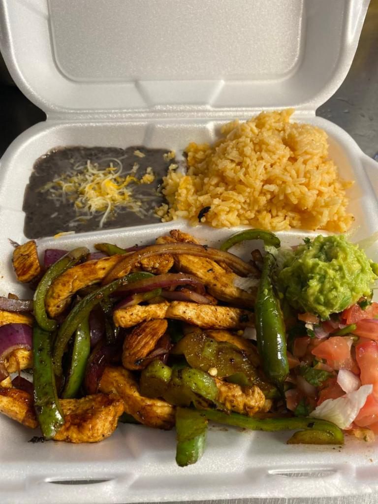 Chicken Fajitas · Mixed with our veggies, served with rice, beans, guacamole, crema & 3 tortillas.