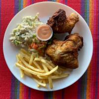 Pollo frito  · Fried chicken served fries and slaw 