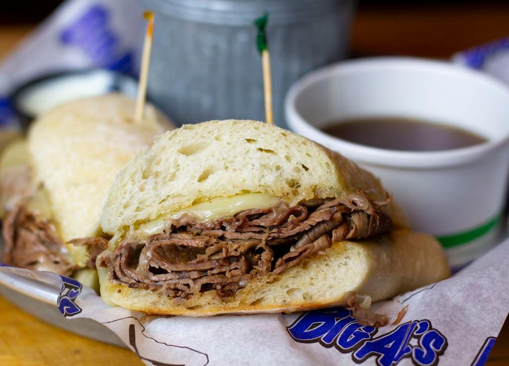 French Dip Sandwich · Culinary inspired prime sirloin, Swiss cheese, hoagie bread and au jus. Horseradish sauce on the side.