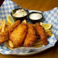 Fish & Chips · Cod, fries, chips or tots, tarter sauce.