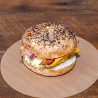Bacon Egg and Cheese Bagel Sandwich · Bacon, egg and cheese bagel sandwich served on fresh bagels from the bronx, NY.
