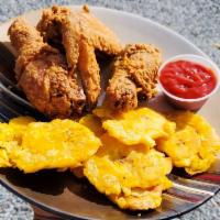 Dominican Style Fried Chicken Dinner Special · 3 pieces of fried chicken with choice of green fried plantains and french fries. Includes 3 ...