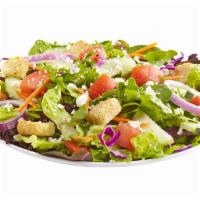 Farmer's Market Salad · Cucumbers, carrots, cabbage, tomatoes, feta, red onions, pepperoncinis & croutons with Itali...