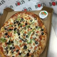 The Vegilicious Pizza · Pizza sauce topped with mushrooms, green peppers, tomatoes, onions, black olives and an extr...