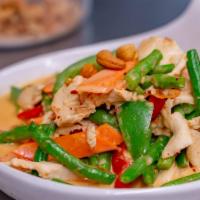Bangkok String Bean  · Chicken sautéed with string beans, snow peas, peppers, carrots, ground peanut and cashew nut...