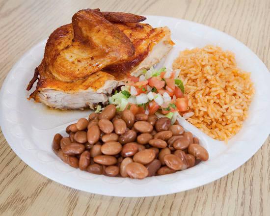 Roasted Chicken Plate · Roasted chicken with rice, beans, pico de gallo and your choice of tortillas. Choose between a quarter, half, or whole chicken portion.