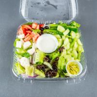 Greek Salad · Serves 1. Romaine, Kalamata olives, peppers, cucumbers, Greek feta, tomato, lemon vinaigrette.