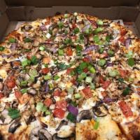 Large Chicken and Garlic Gourmet Pizza Special · Chicken, garlic, mushrooms, tomatoes, red and green onions, Italian herb seasoning, on cream...