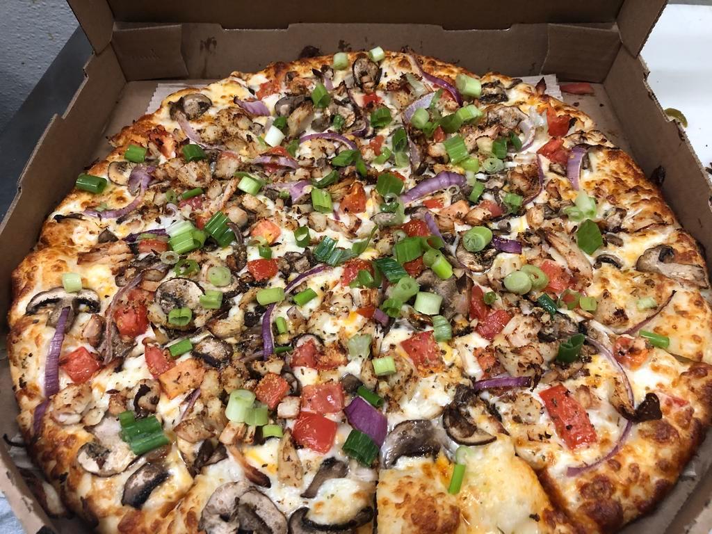 Large Chicken and Garlic Gourmet Pizza Special · Chicken, garlic, mushrooms, tomatoes, red and green onions, Italian herb seasoning, on creamy garlic sauce.