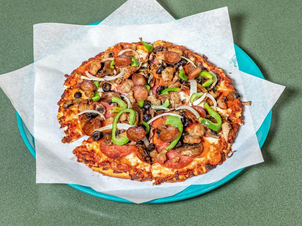 King Arthur's Supreme Pizza Special · Pepperoni, Italian sausage, salami, linguica, mushrooms, green peppers, yellow onions, black olives on zesty red sauce.