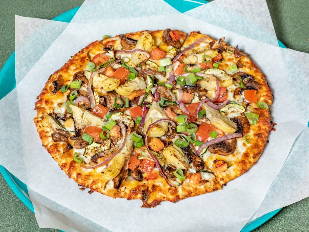 Gourmet Veggie Pizza Special · Artichoke hearts, zucchini, spinach, mushrooms, tomatoes, garlic, Italian herb seasoning, and red and green onions on creamy garlic sauce.