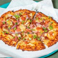 Maui Zaui Pizza Special · Ham, mini pepperoni or chicken with bacon, pineapple, tomatoes, red and green onions, on Pol...