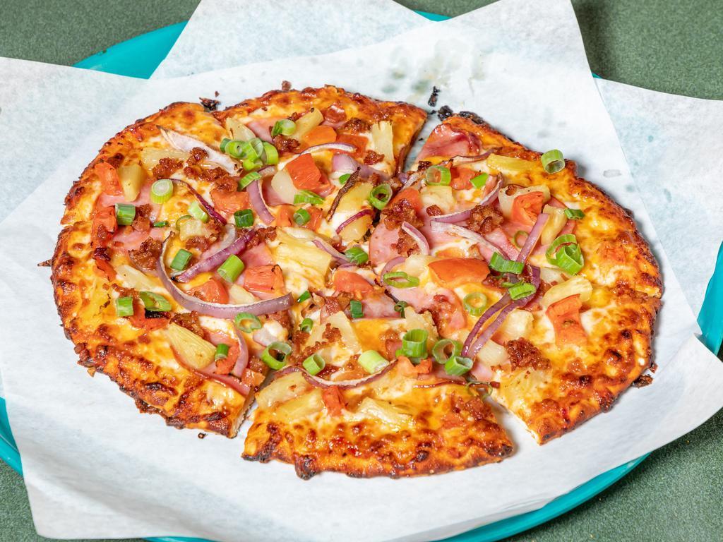 Maui Zaui Pizza Special · Ham, mini pepperoni or chicken with bacon, pineapple, tomatoes, red and green onions, on Polynesian sauce. Zesty red sauce on request.