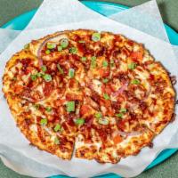 BBQ Chicken Pizza Special · Chicken, bacon, cheddar cheese, tomatoes, red and green onions, on BBQ ranch sauce topped wi...