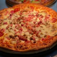 Boston House Supreme Pizza · Pepperoni, sausage, ham, hamburger, salami, mushroom, onions, peppers and extra cheese.