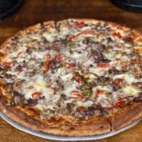 Philly Cheese Steak Pizza · Grilled steak, onions, peppers and American cheese.