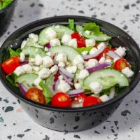 Greek Salad · Romaine Lettuce, Cucumber, Red Onion, Black Olive, Grapes Tomatoes, Feta Chesse, Greek Dress...