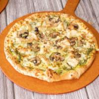 Pesto Chicken Pizza · Traditional hand tossed pizza. Grilled chicken breast. Homemade pesto sauce, mozzarella chee...