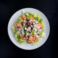 Greek Salad · Romaine lettuce, Greek olives, fresh tomato, green pepper, red onions and feta cheese.
