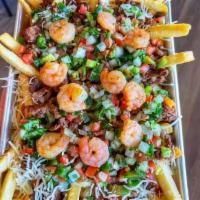 Surf and Turf Fries · Asada, shrimp, cheese, pico de gallo & special sauce. Extras cheese is available for an addi...