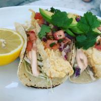 Fish Tacos · 3 corn tortillas, cabbage, Sriracha aioli, fried mahi mahi, pico de gallo cilantro, pickled ...