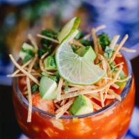 Ceviche de Camaron · Beer cooked shrimp, pico de gallo and cucumbers in a spicy broth.
Topped with avocado and t...