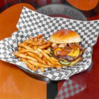 Pour House Burger · Double steak burger with American cheese, grilled onion, special sauce, and dill pickle chip...