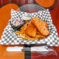 Beer Battered Cod · Miller High Life batter, hand-cut coleslaw and tartar sauce, topped with Old Bay seasoning. ...