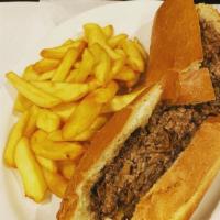 Cheese Steak · Steak, cheese, and caramelized onion sandwich.