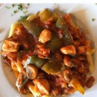 Papa's Favorite Chicken · Boneless breast of chicken sautéed with mushrooms, onions, and peppers. Simmered in a tomato...