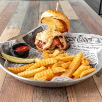 Hangover Burger · 1/2 lb burger, bacon, ham, egg, ghost pepper jack cheese and chipotle ranch served with frie...