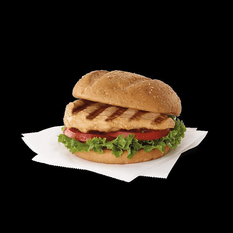 Grilled Chicken Sandwich · A lemon-herb marinated boneless breast of chicken, grilled for a tender and juicy backyard-smoky taste, served on a toasted Multigrain bun with Green Leaf lettuce and tomato. Pairs well with Honey Roasted BBQ sauce.