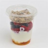 Classic Fruit and Yogurt Cup · Greek yogurt, fresh berries, granola + honey.