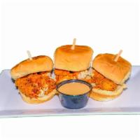 Fried Chicken Sliders · Three fried chicken sliders served with a secret house-made spicy sauce for slathering or di...