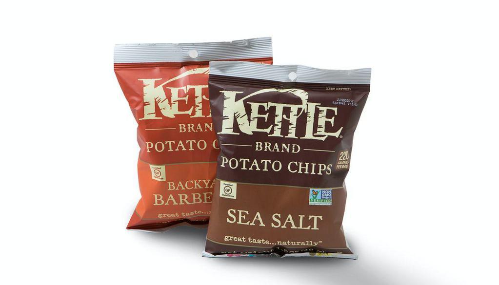 Sides (Chips, Popcorn & Cookies)|Kettle Chips - Sea Salt · Kettle Sea Salt chips have bold flavor and hearty crunch and are made from all natural, real food ingredients. Gluten-free. Non-GMO. 150 Calories 