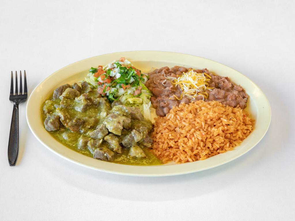 Pork Green Plate · Served with rice, beans, lettuce and pico de gallo. Freshly made corn tortillas 3 pieces.