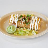 Cochinita Pibil Chimichanga · Served with guacamole, sour cream and cheddar cheese.