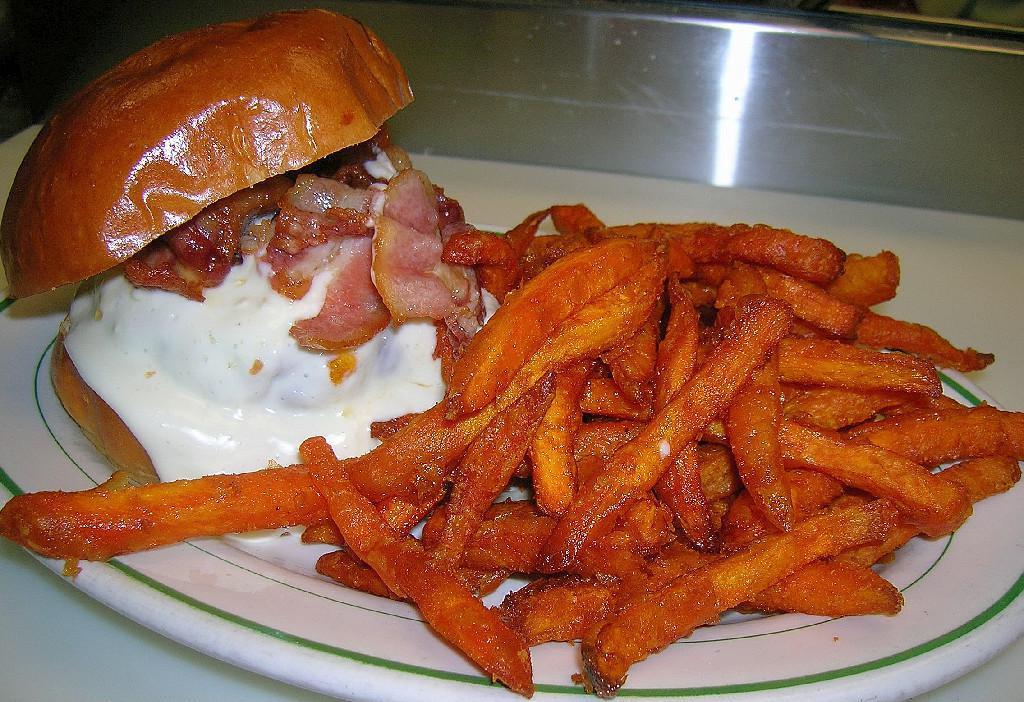 Blue Cheese Bacon Burger · Served with French fries.