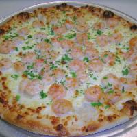 Jordan Rich Shrimp Scampi Pizza · White pizza.