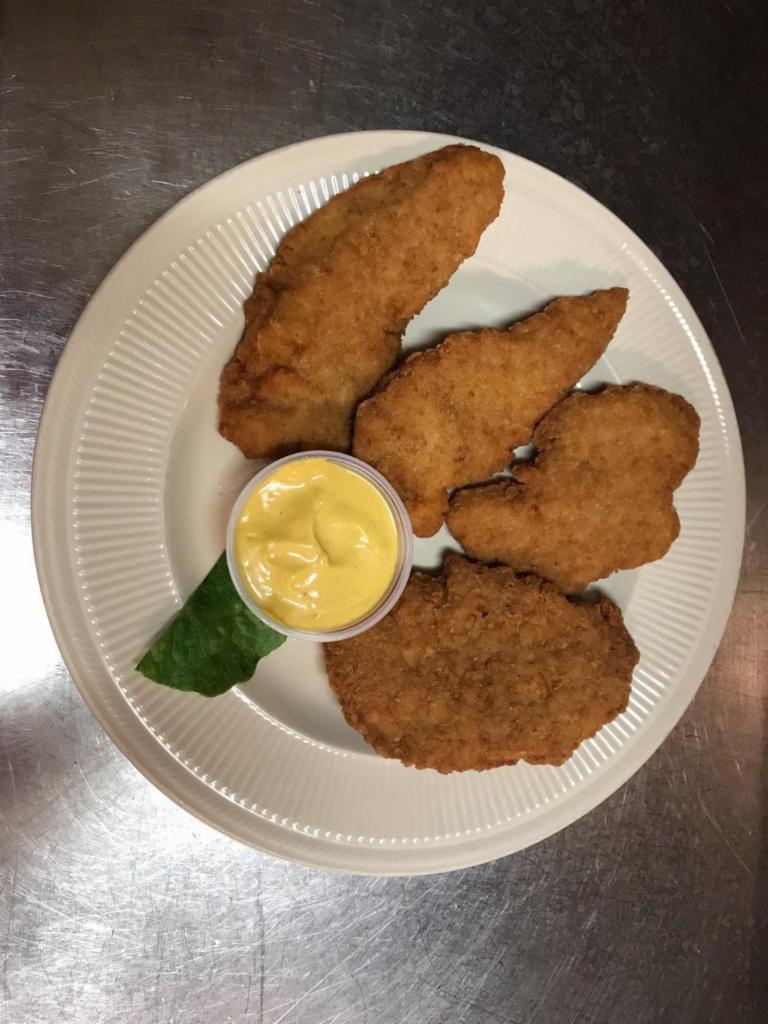 Chicken Tenders · Four hand breaded chicken breast strips. Served with Honey Mustard.