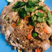 Thai Fried Rice · Choice of chicken, beef, pork or veg-tofu, stir-fried with Chinese broccoli, tomatoes, egg, ...